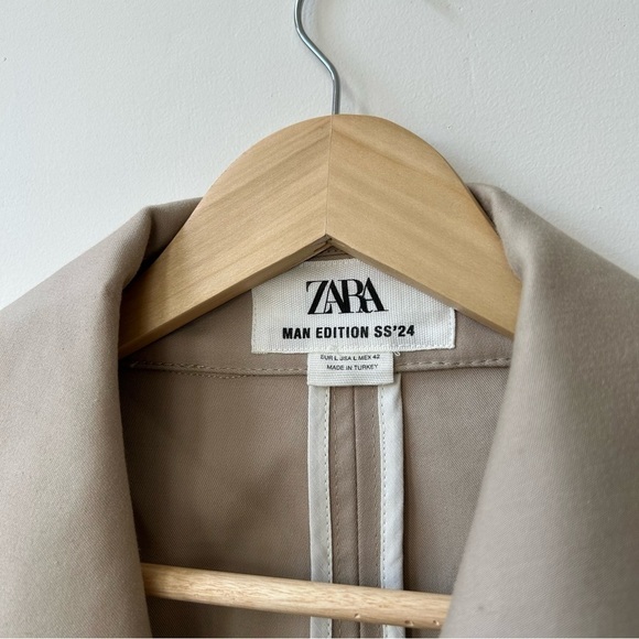 ZARA MAN EDITION SS'24 SHORT BEIGE COTTON TRENCH COAT SIZE L - Picture 8 of 9